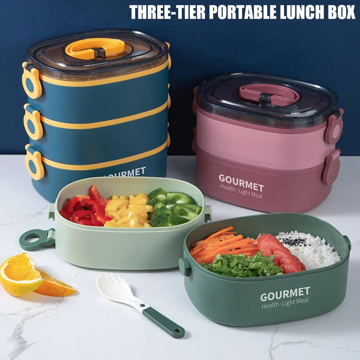 2000ML Portable 3 Layer Lunch Box - Leakproof Microwavable Food Container