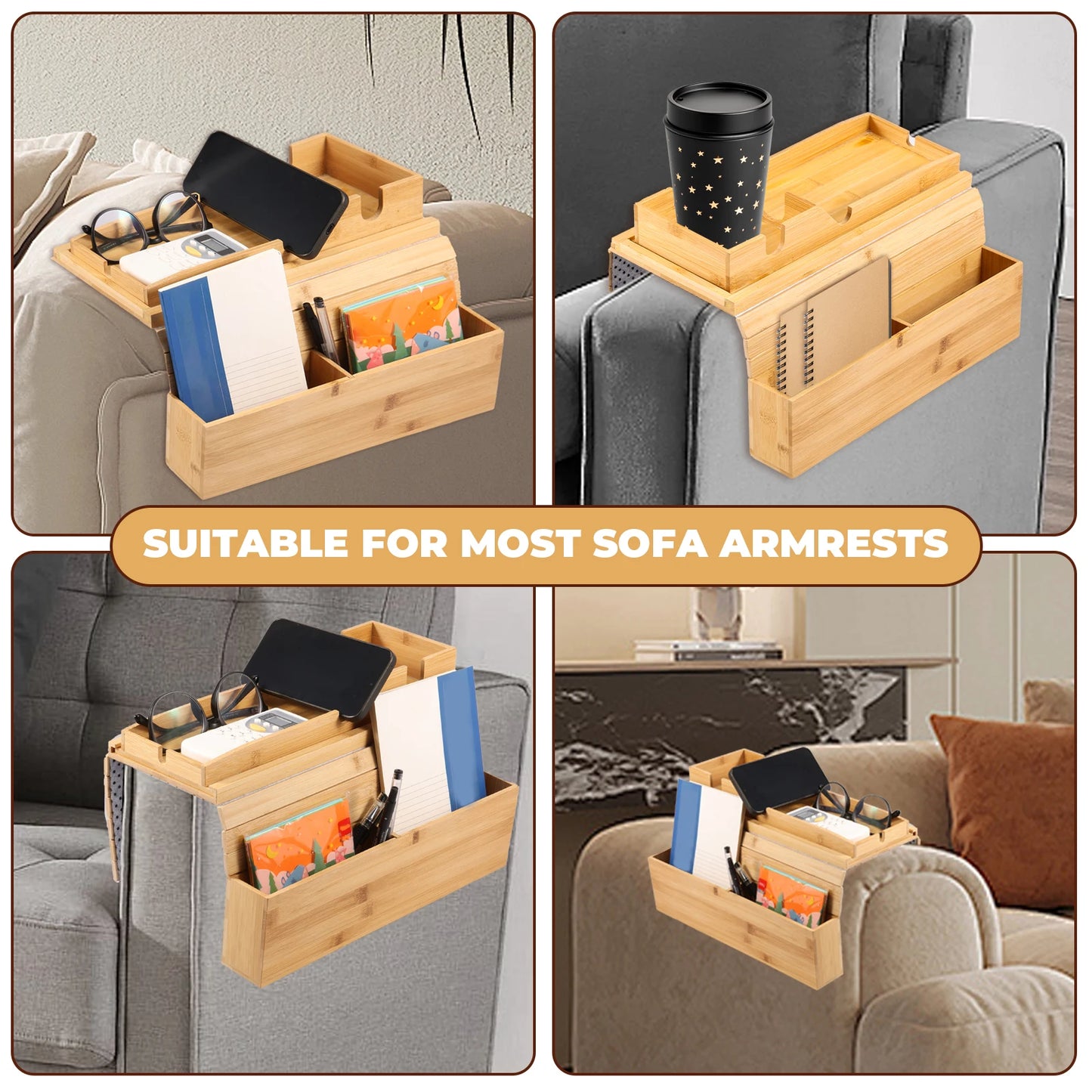 Bamboo Couch Cup Holder Anti-Slip Sofa Armrest Tray Foldable Multifunctional Sofa Cup Holder for Remote Control Cups Snack