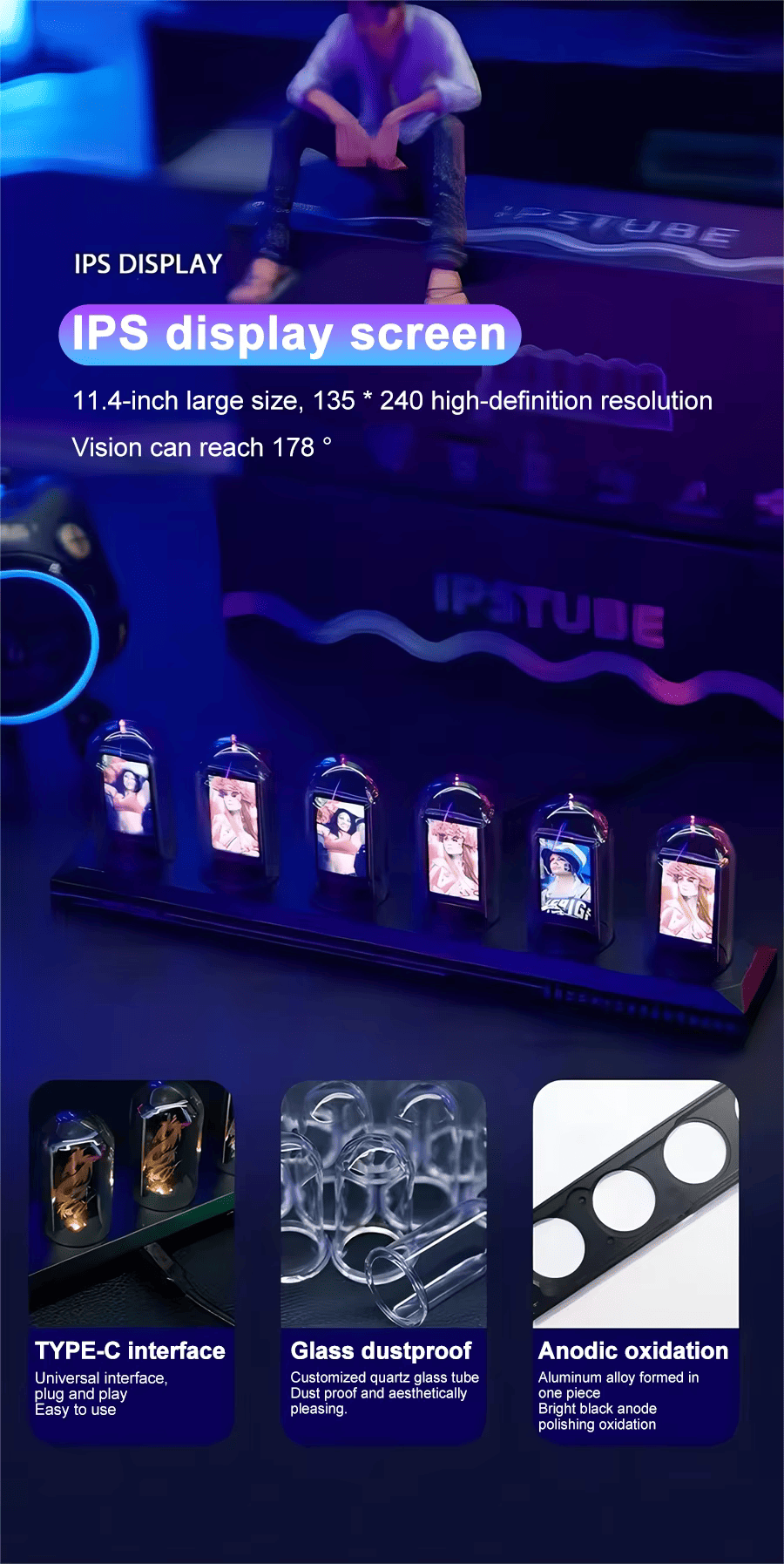 RGB Nixie Tube Clock LED Glows IPS Color Screen