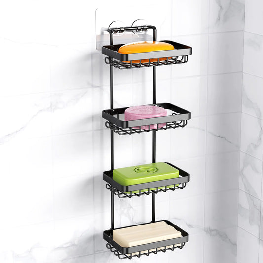 Nieifi 4 Tier Soap Holder Shower Stainless Steel Adhesive Bathroom Shower Wall Dish Holder with Hooks Black