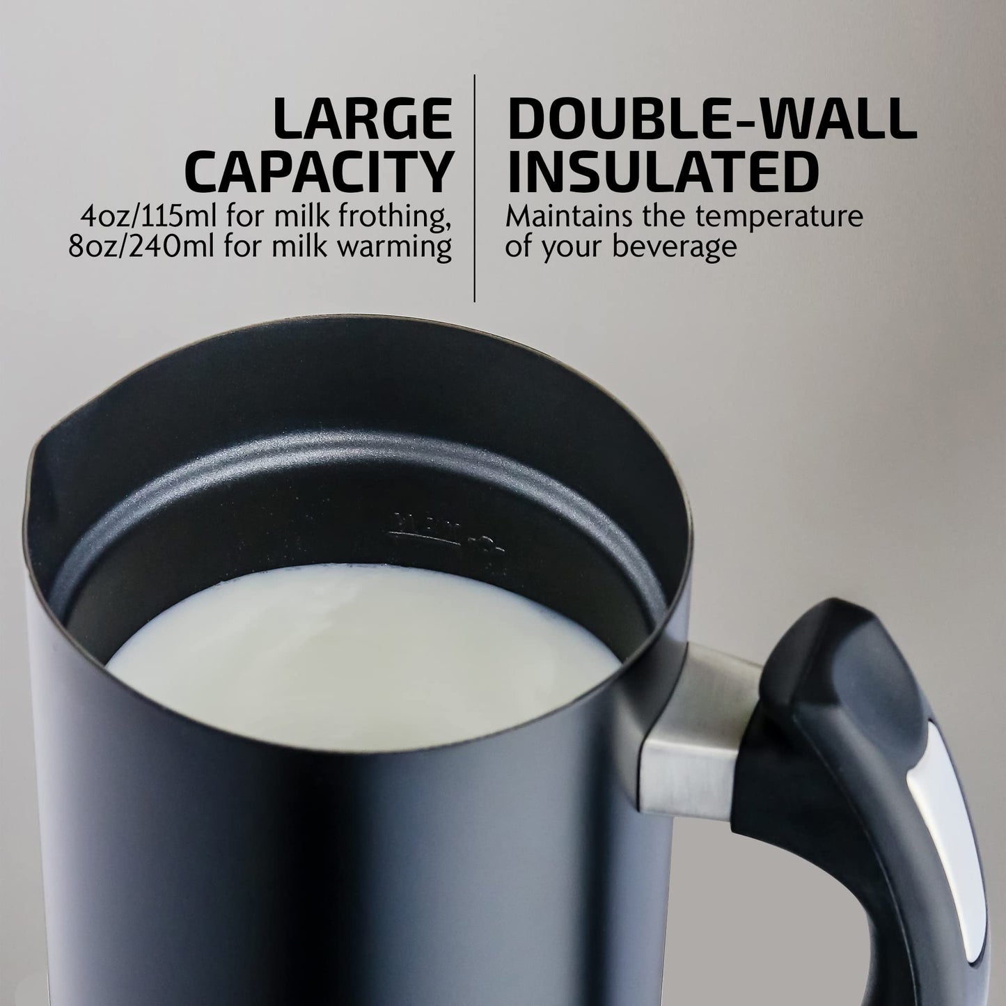 OVENTE Electric Milk Frother Double Wall Insulated Stainless Steel, Automatic Shutoff Portable Hot Cold Foam Maker Perfect Milk Steamer For Hot Chocolate Cappuccino Coffee, Black FR3608B