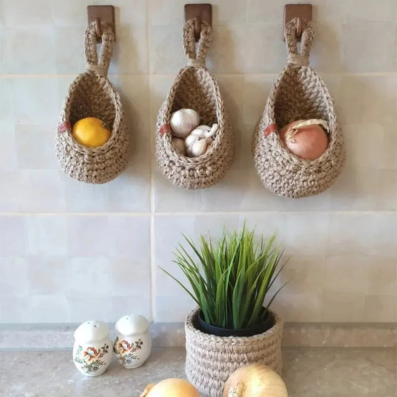 Wall-mounted Vegetable Basket Fruit and Sundry Basket Natural Wicker Weave Storage Basket Kitchen Storage Home Decoration