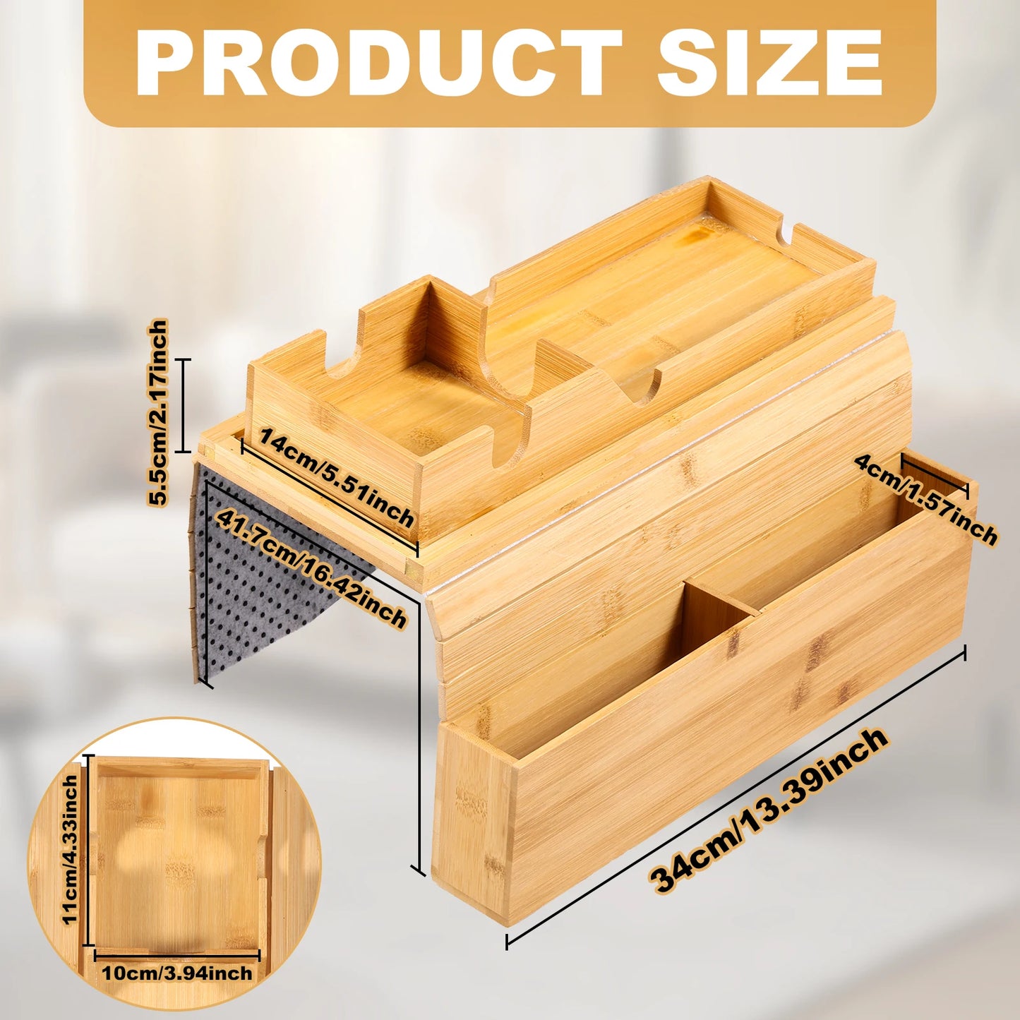Bamboo Couch Cup Holder Anti-Slip Sofa Armrest Tray Foldable Multifunctional Sofa Cup Holder for Remote Control Cups Snack