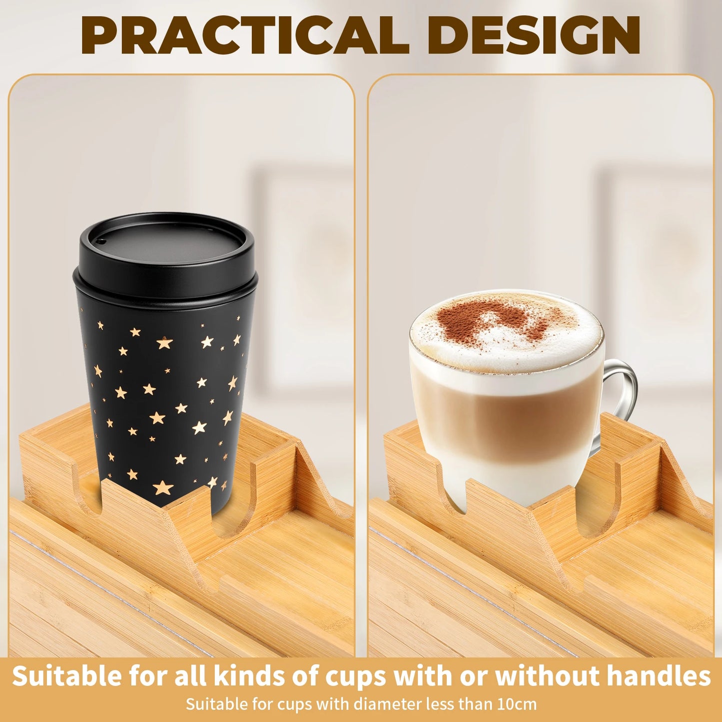 Bamboo Couch Cup Holder Anti-Slip Sofa Armrest Tray Foldable Multifunctional Sofa Cup Holder for Remote Control Cups Snack