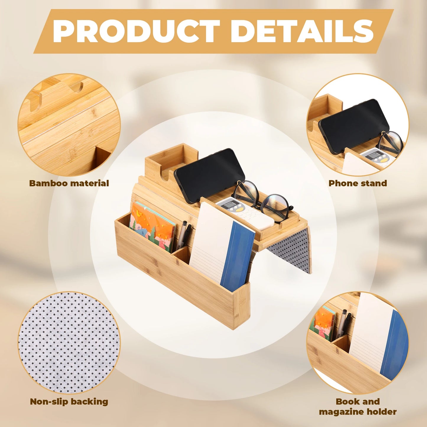 Bamboo Couch Cup Holder Anti-Slip Sofa Armrest Tray Foldable Multifunctional Sofa Cup Holder for Remote Control Cups Snack