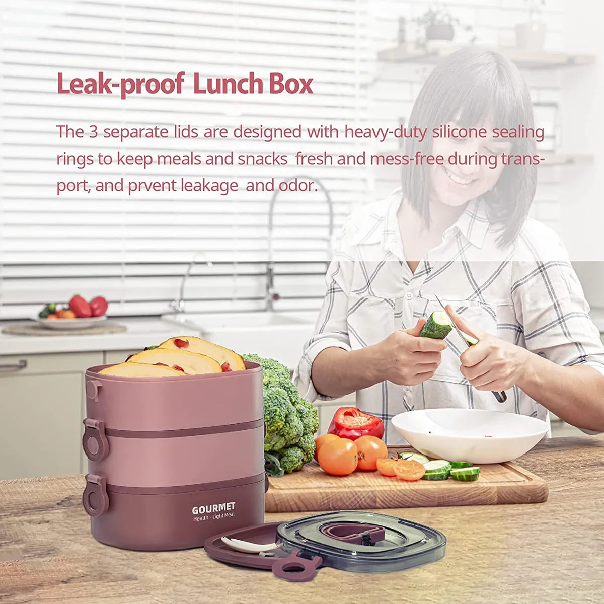 2000ML Portable 3 Layer Lunch Box - Leakproof Microwavable Food Container