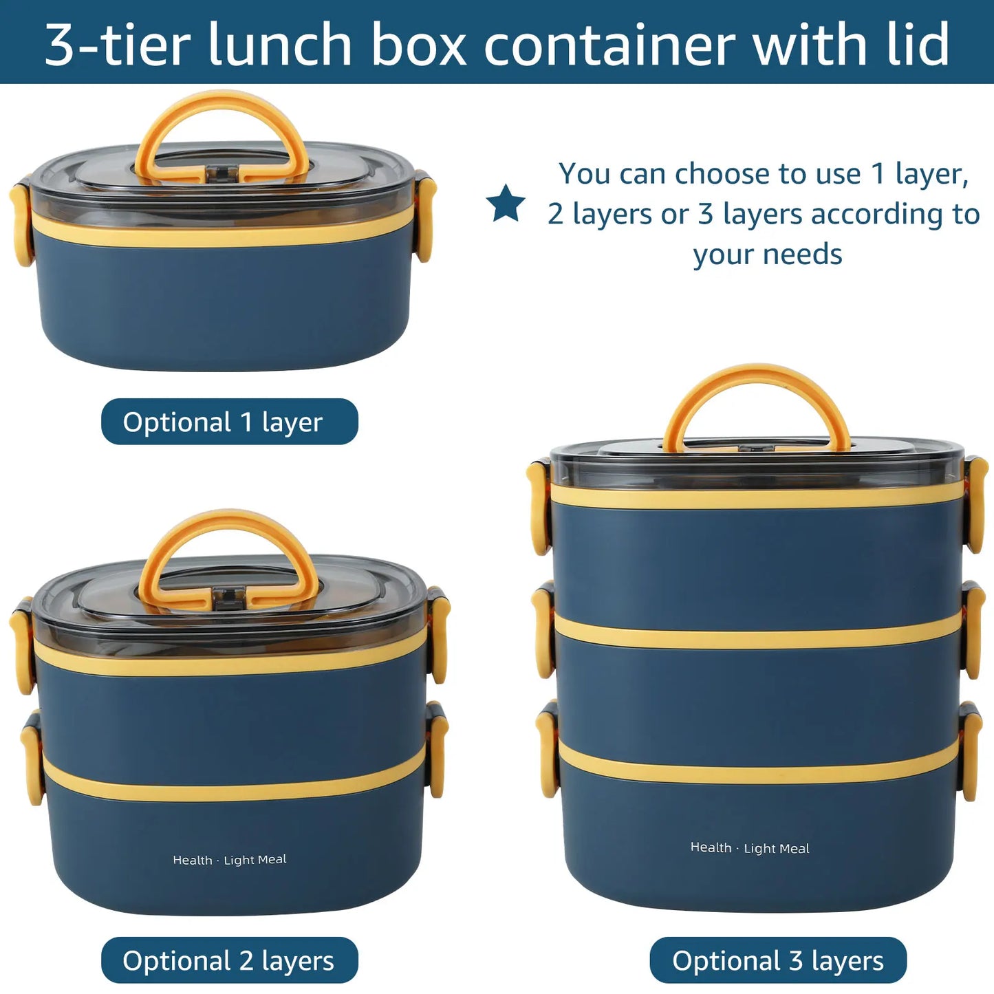2000ML Portable 3 Layer Lunch Box - Leakproof Microwavable Food Container