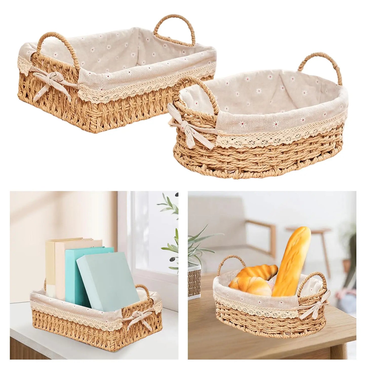 Woven Storage Baskets Kitchen Organizer Handwoven with Handles Cosmetic Box for Breakfast Fruit Bedroom Bathroom Home Decorative