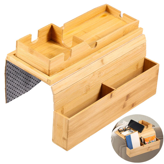 Bamboo Couch Cup Holder Anti-Slip Sofa Armrest Tray Foldable Multifunctional Sofa Cup Holder for Remote Control Cups Snack