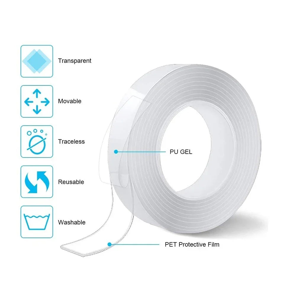Nano Tape Double-Sided | Transparent, Reusable & Waterproof Adhesive – 1/2/3/5M | Kitchen & Bathroom Essential