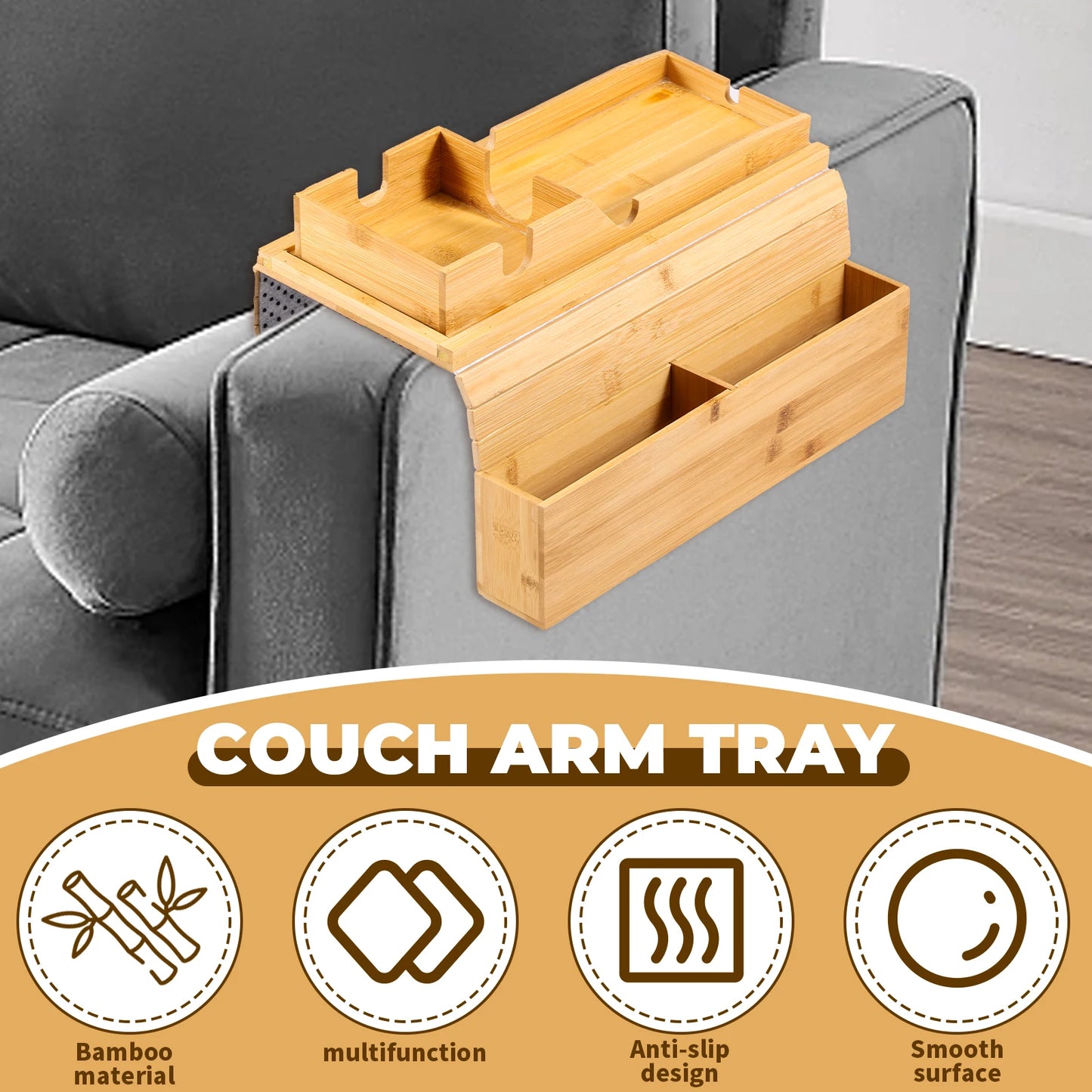 Bamboo Couch Cup Holder Anti-Slip Sofa Armrest Tray Foldable Multifunctional Sofa Cup Holder for Remote Control Cups Snack